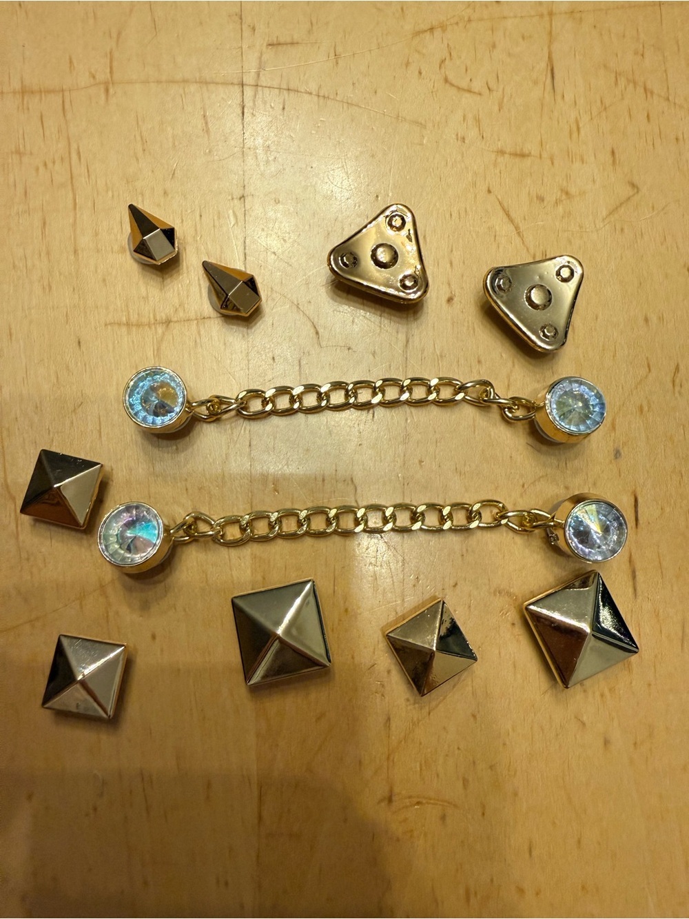 Gold Pyramid Stud shoe charms and Chain Jewel Connector shoe charms